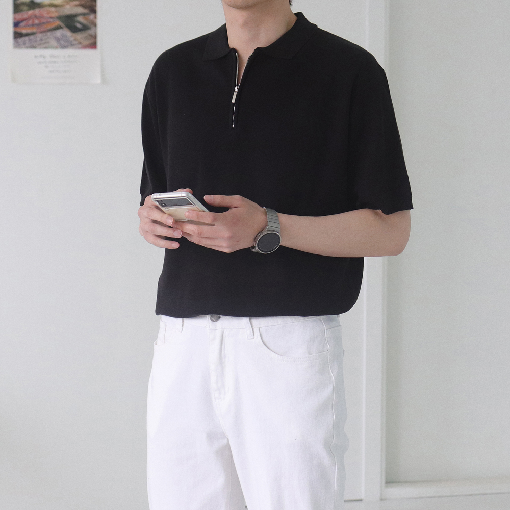 남자반팔티 머슬핏 집업 카라 반팔니트 - 상품 이미지