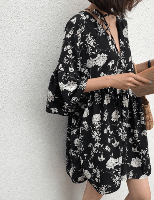 플라워 바캉스 비치 셔링 플레어 미니 캉캉 원피스 빅사이즈가능