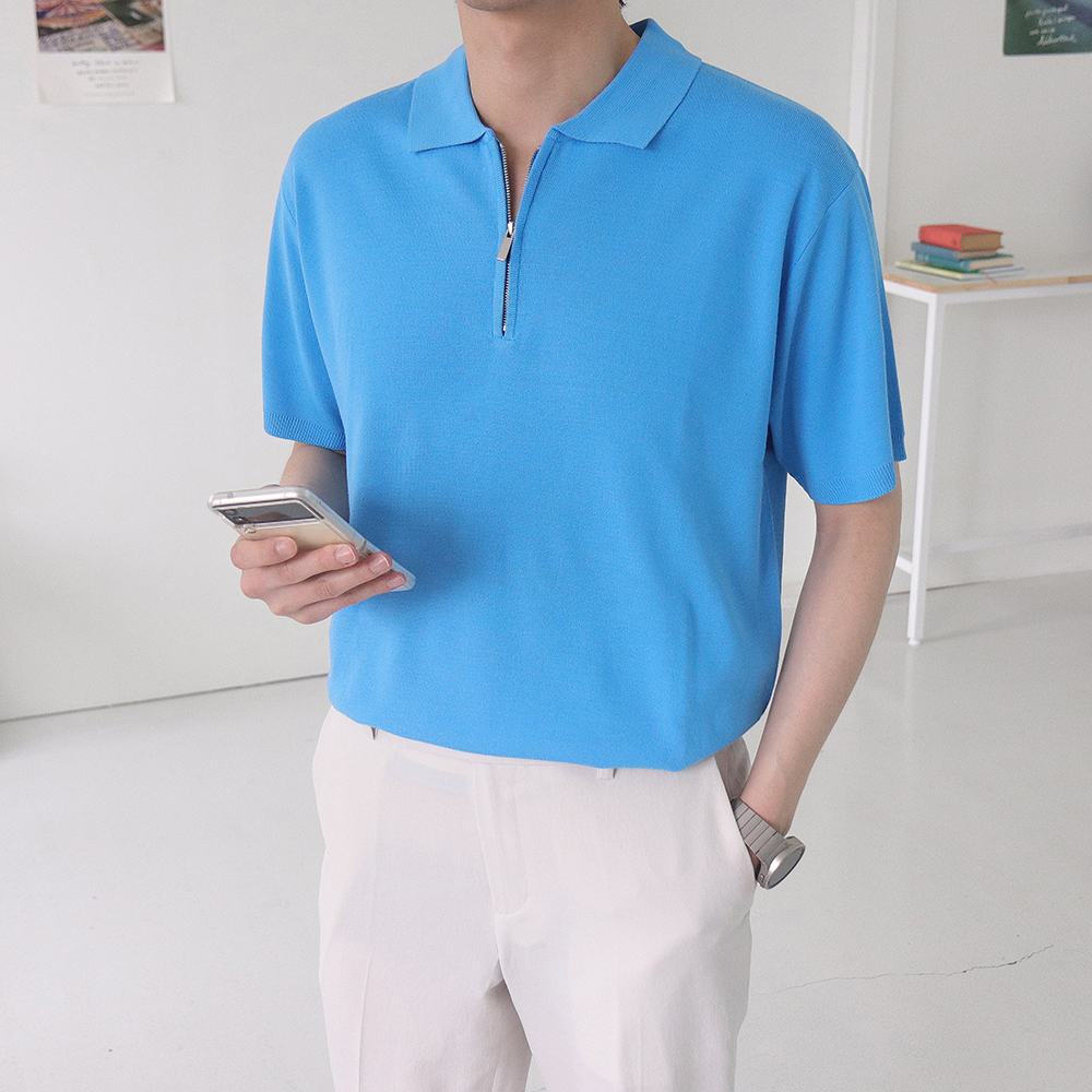 남자반팔티 머슬핏 집업 카라 반팔니트 이미지 3
