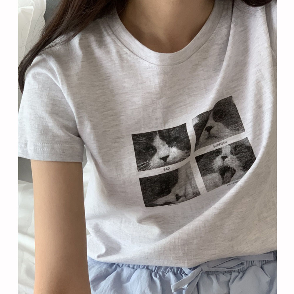 (무료배송) 오버무드 여성 여름신상 인생네컷 고양이 프린팅 라운드넥 세미크롭 미니 반팔티 2color - 상세 이미지 2