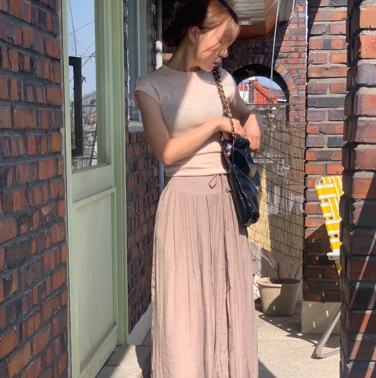 샌드 반목 골지 여성 데일리 여름 반팔 니트 티셔츠(오트밀,브라운,핑크) 이미지