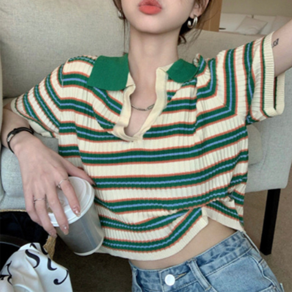 여성 니트 반팔 티 카라 티셔츠 여름 봄 가을 브이넥 V넥 배색 스트라이프 크롭 여자 이미지