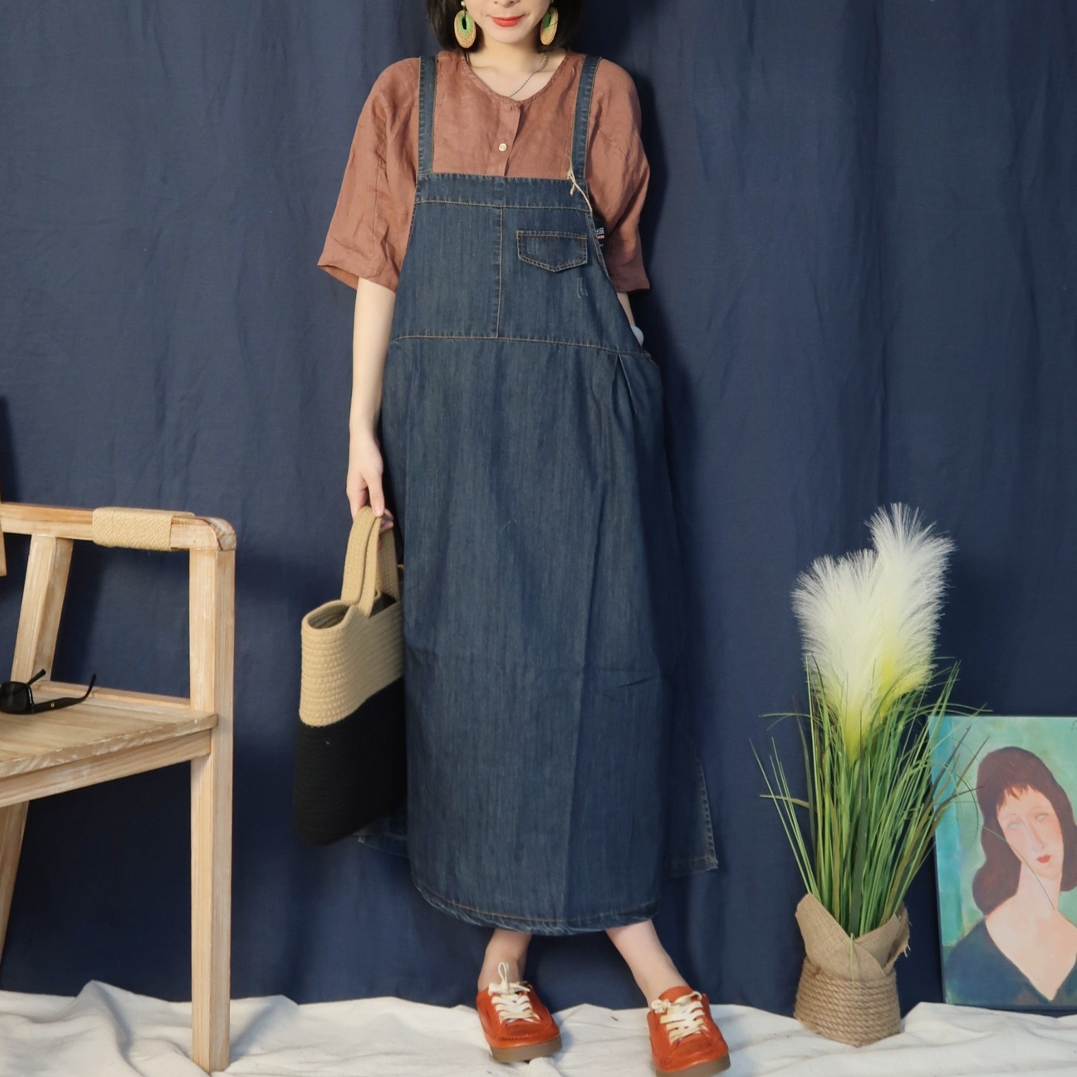 하마마스 봄 여름 가벼운 데님멜빵원피스 미시옷