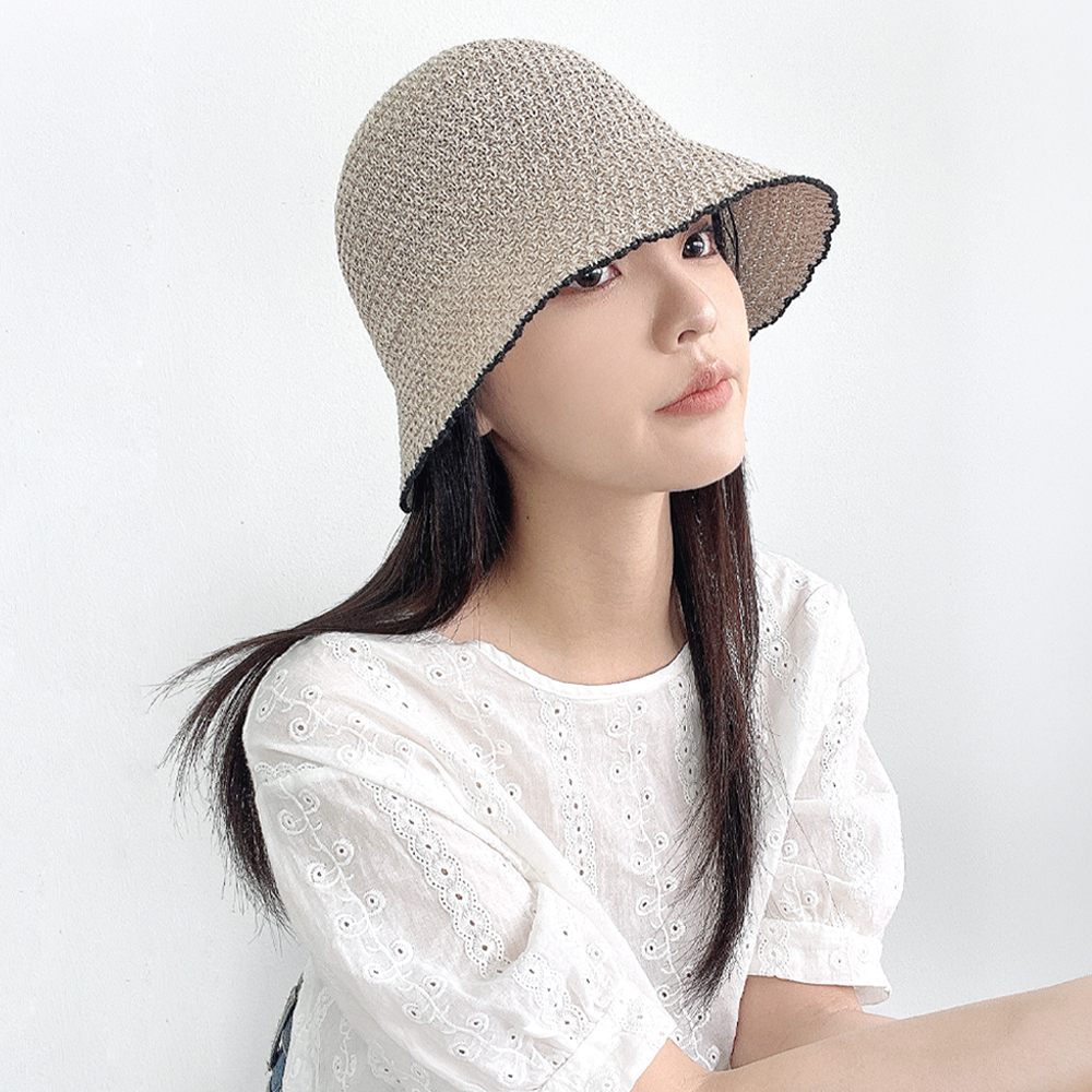 듀 리본 스티치 여성 여름 밀짚 니트 벙거지모자 버킷햇
