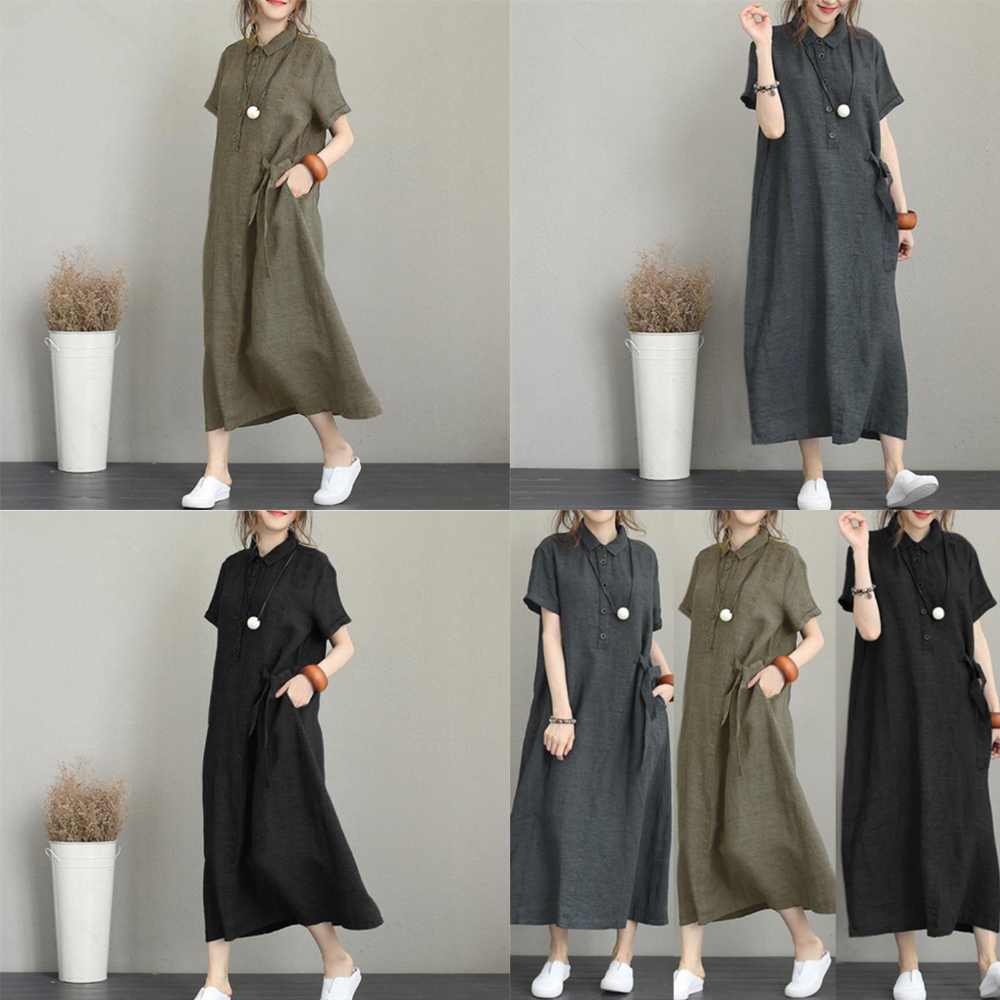 S-XL 여성 원피스 롱 여름 반팔 여자 봄 가을 중년 엄마 옷 빅사이즈 린넨 데일리