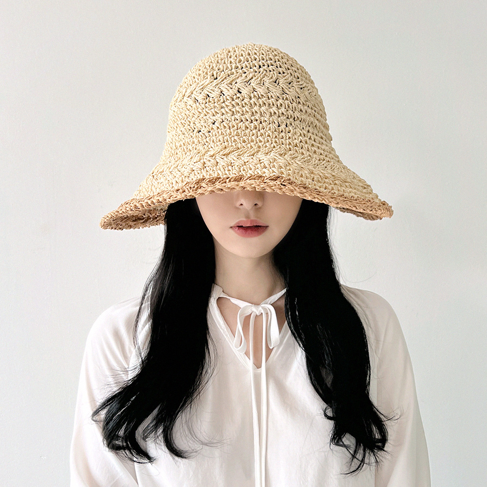 배색 와이드챙 지사 밀짚 왕골 휴양지 해외여행 휴가 모자 - 상세 이미지 3