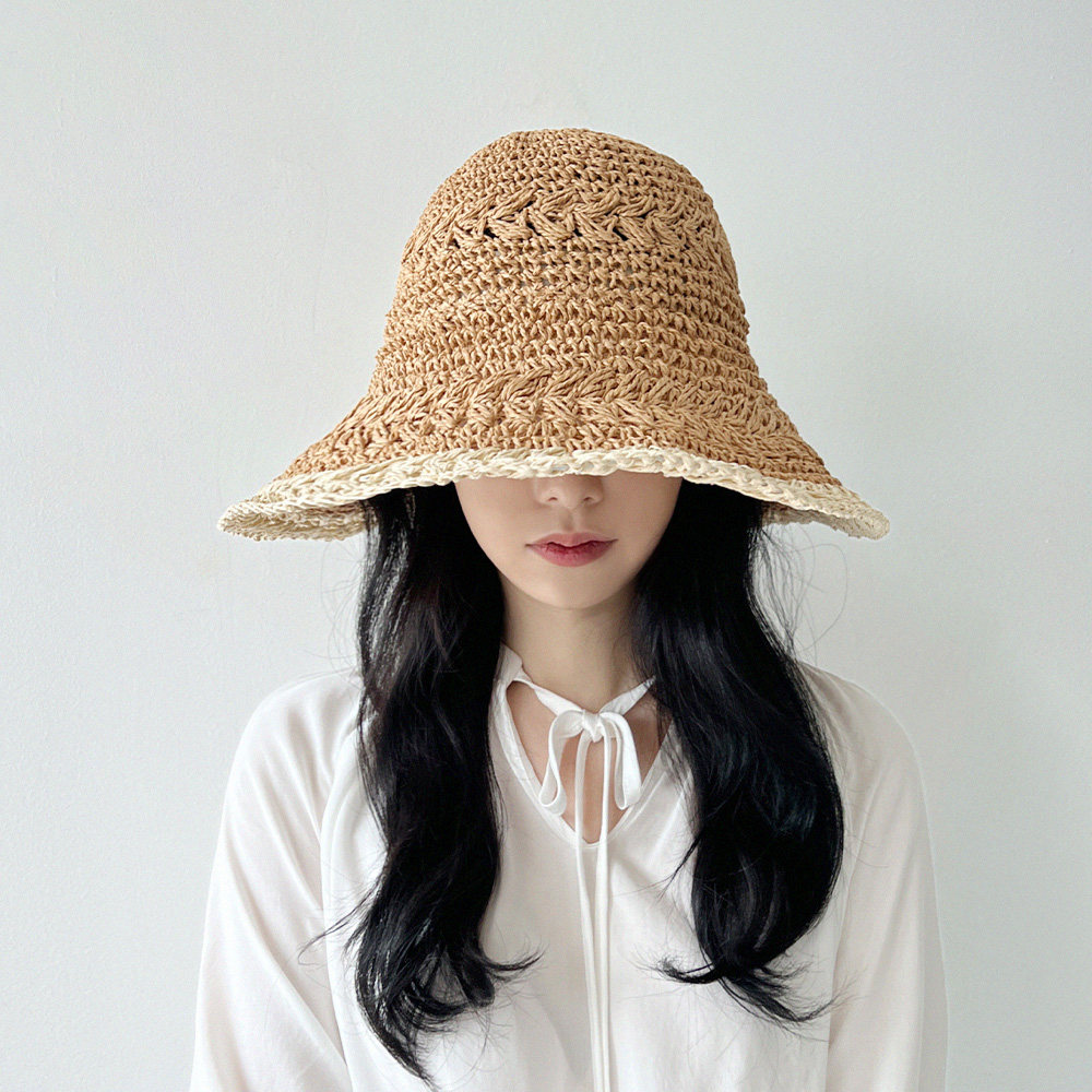 배색 와이드챙 지사 밀짚 왕골 휴양지 해외여행 휴가 모자 이미지 6