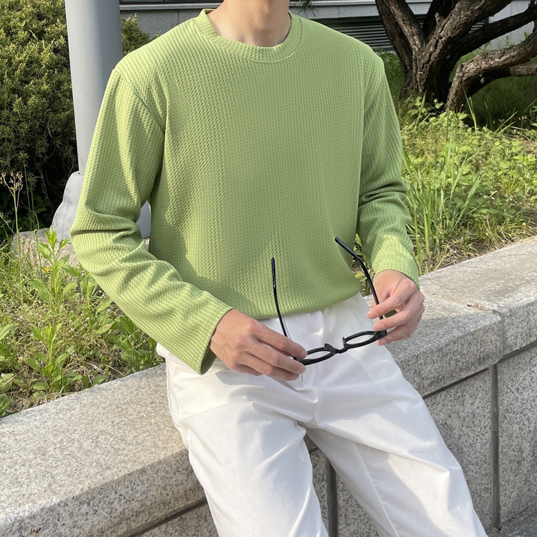 1+1 남자 맥키 봄 여름 가을 쿨링 와플 슬라브 무지 긴팔티 이미지 4