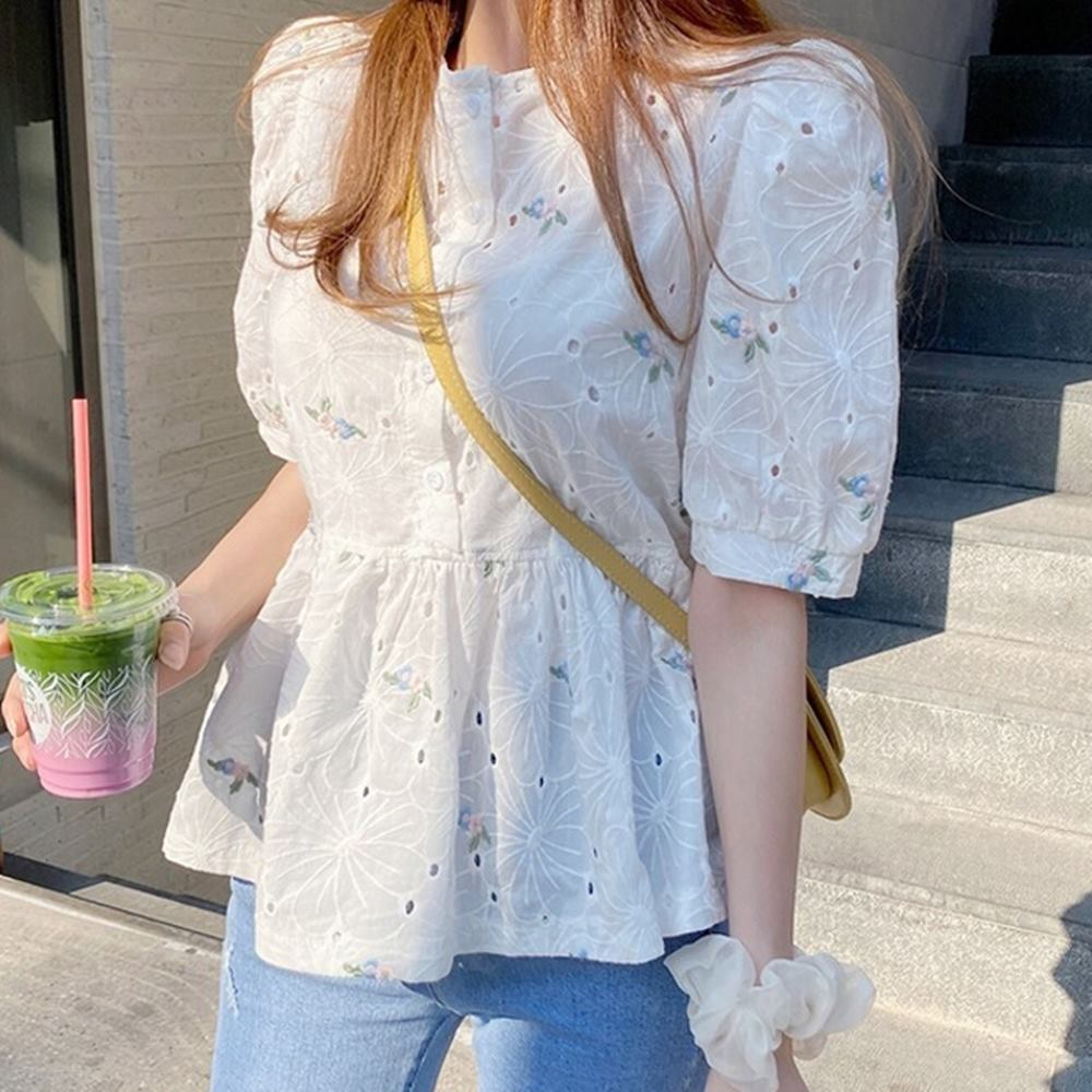 여름 펀칭 블라우스 꽃 플라워 자수 시원한 - 메인 이미지