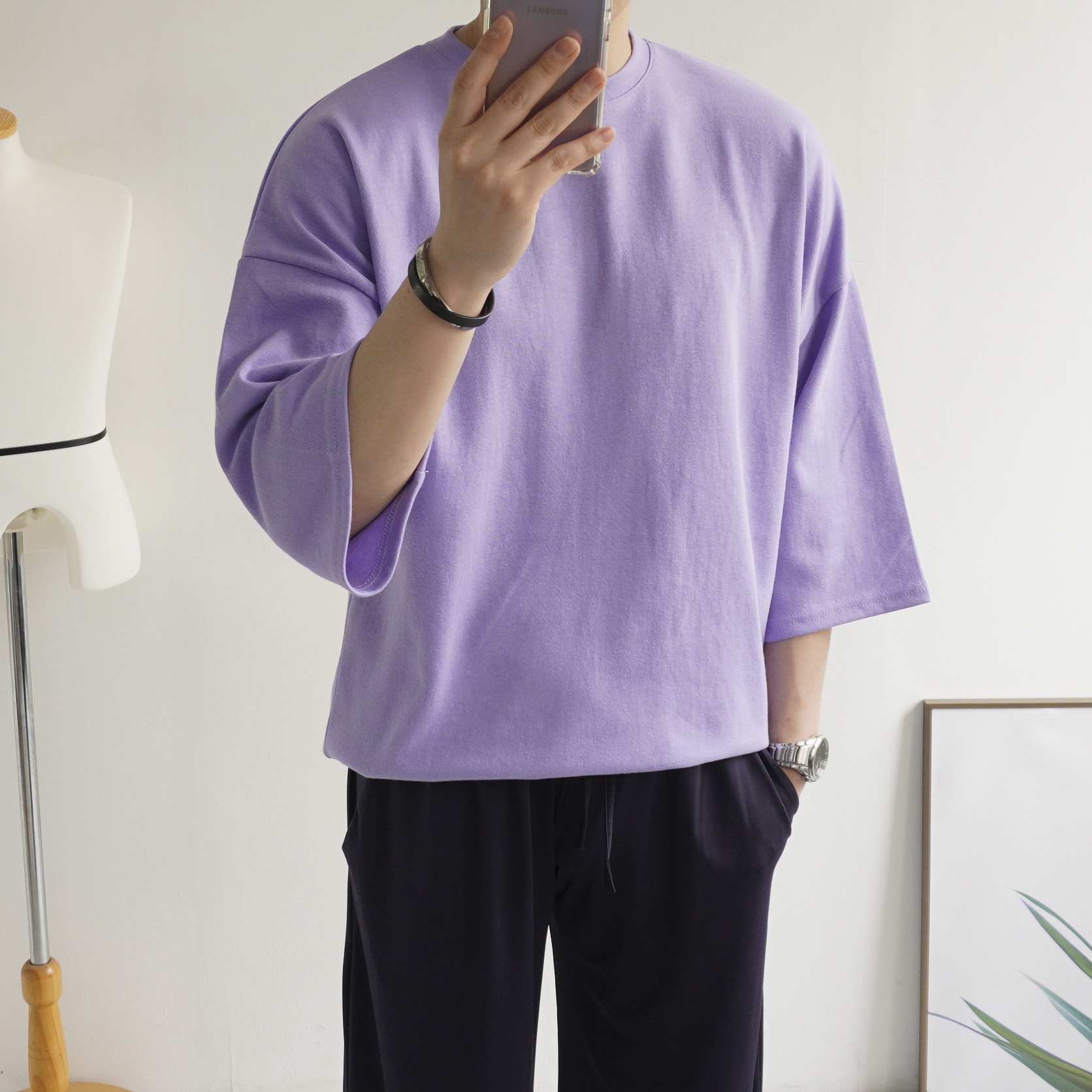 남자 특양면 무지 라운드 오버핏 7부 티셔츠 빅사이즈 L-5XL 이미지 3