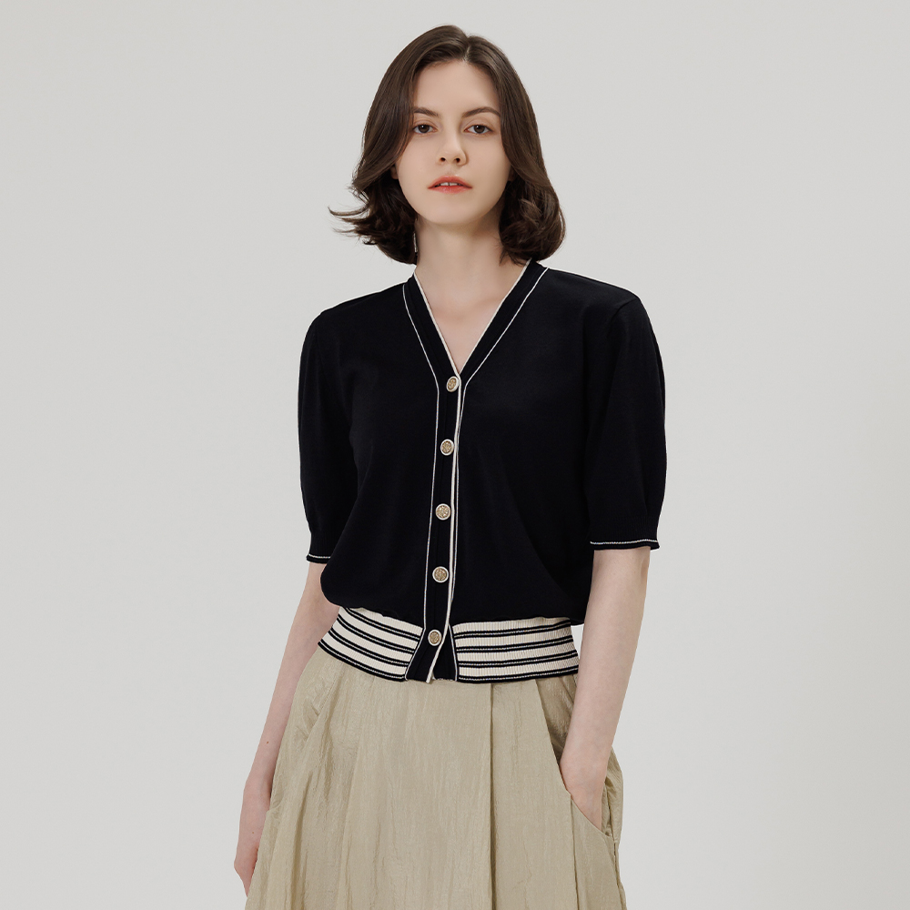 예시카 라인 스트라이프 브이넥 골드 반소매 니트 가디건 YH4KC510