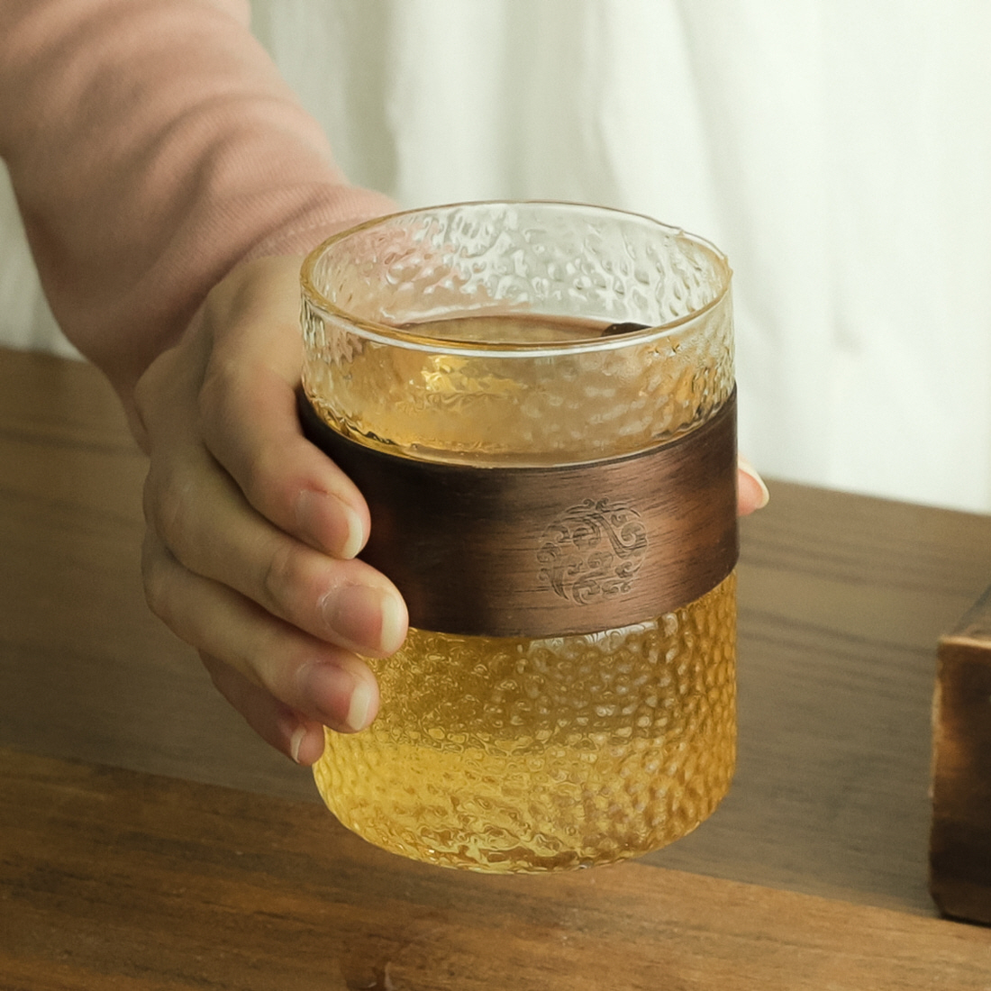 홈카페 우드링 내열유리컵 플랫화이트 아인슈페너 냉커피 에이드 헤머링 유리잔300ml - 상세 이미지 4