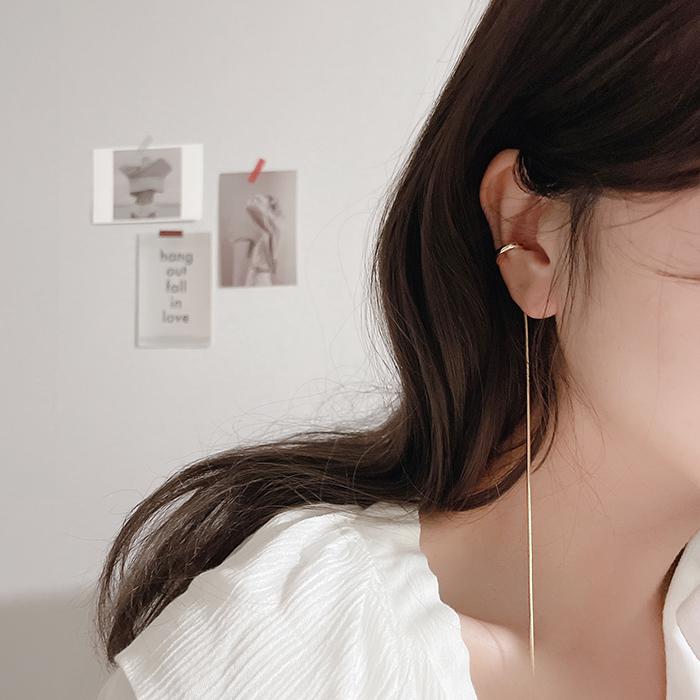 목디스크귀걸이 1+1 심플 라인 진주 드롭 체인 줄 이어커프 링 긴줄 귀찌 거북목교정 - 상세 이미지 2