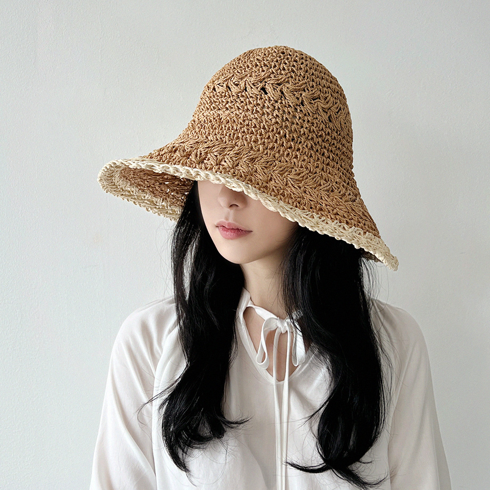 배색 와이드챙 지사 밀짚 왕골 휴양지 해외여행 휴가 모자 이미지 7