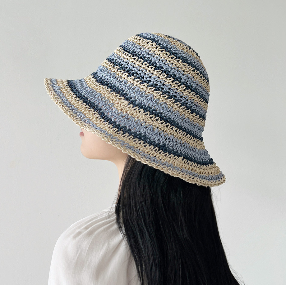 밀짚 스트라이프 왕골 벙거지 여성 여름 플로피햇 버킷햇 - 상품 이미지