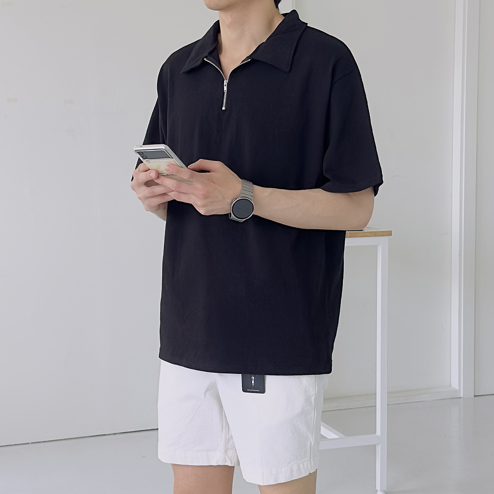 남자반팔티 오버핏 집업 헨리넥 남자카라티 이미지 3