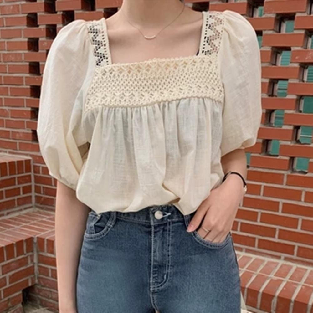 여름 펀칭 블라우스 스퀘어넥 반팔 시원한 - 메인 이미지