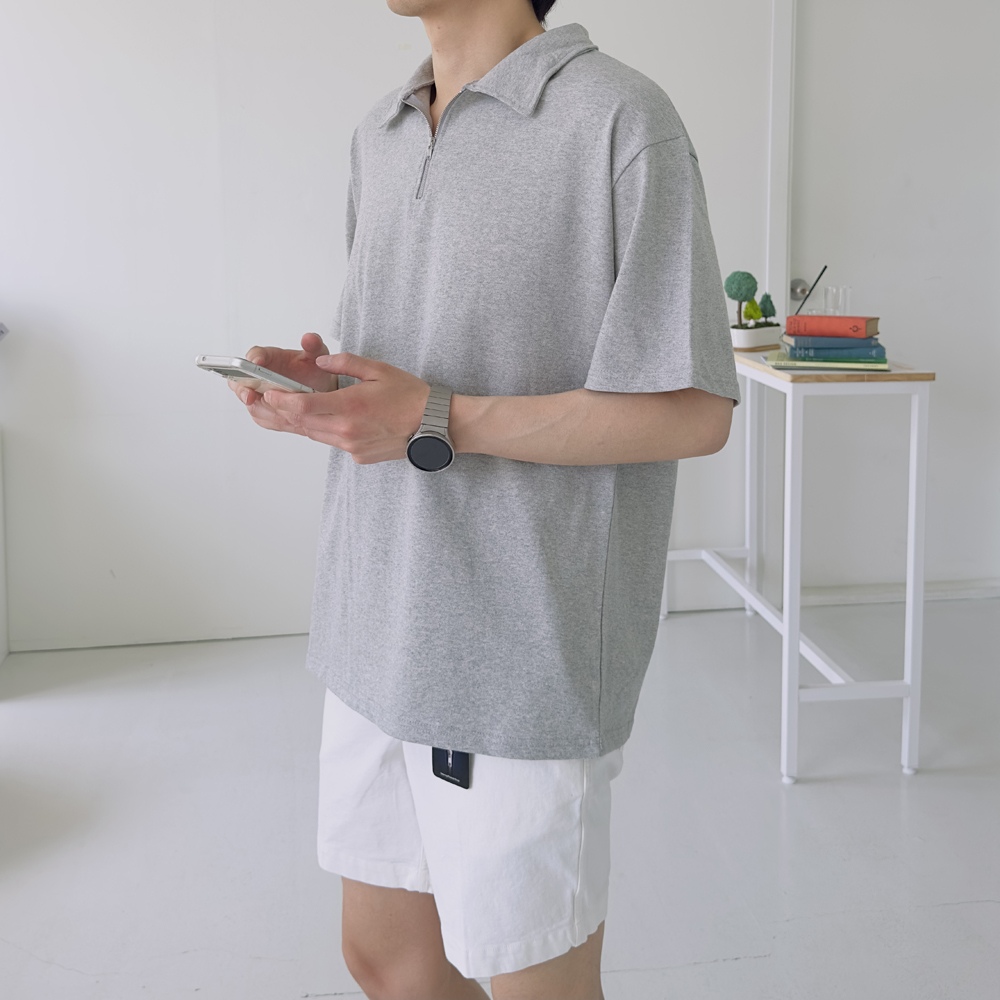 남자반팔티 오버핏 집업 헨리넥 남자카라티 이미지 2