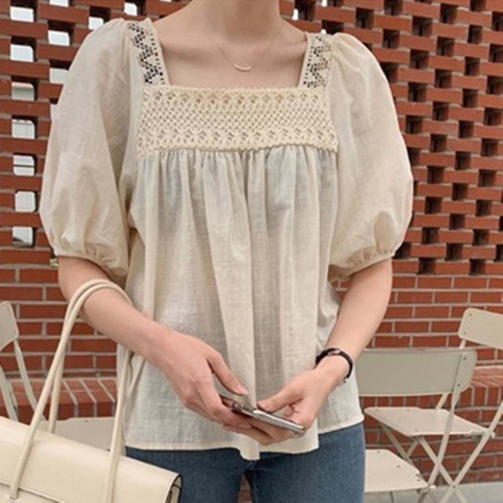 여름 펀칭 블라우스 스퀘어넥 반팔 시원한 - 상세 이미지 2