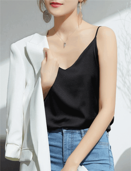 실키 새틴 끈나시 실크 브이넥 민소매 레이어드 나시 - 상품 이미지