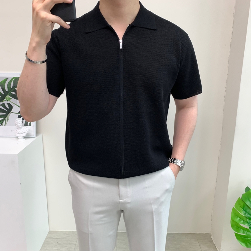 남자 세미오버핏 반팔니트 카라 집업 티셔츠 이미지 2