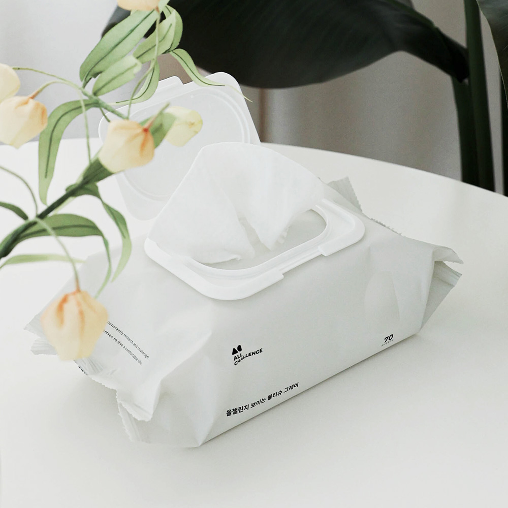 올챌린지 보이는 물티슈 그레이 70매 5팩+5팩 캡형 두꺼운 대용량 아기 신생아 안전한