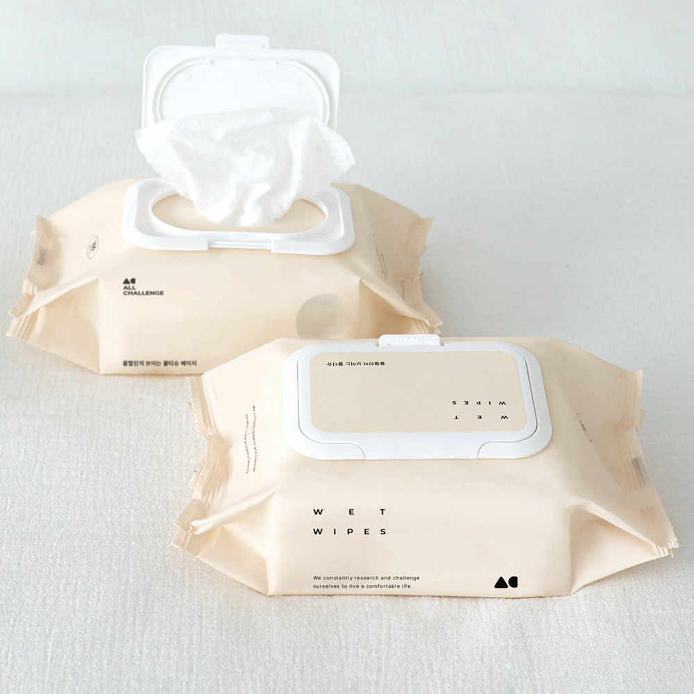 올챌린지 보이는 물티슈 베이지 100매 5팩+5팩 캡형 대용량 엠보싱 저자극