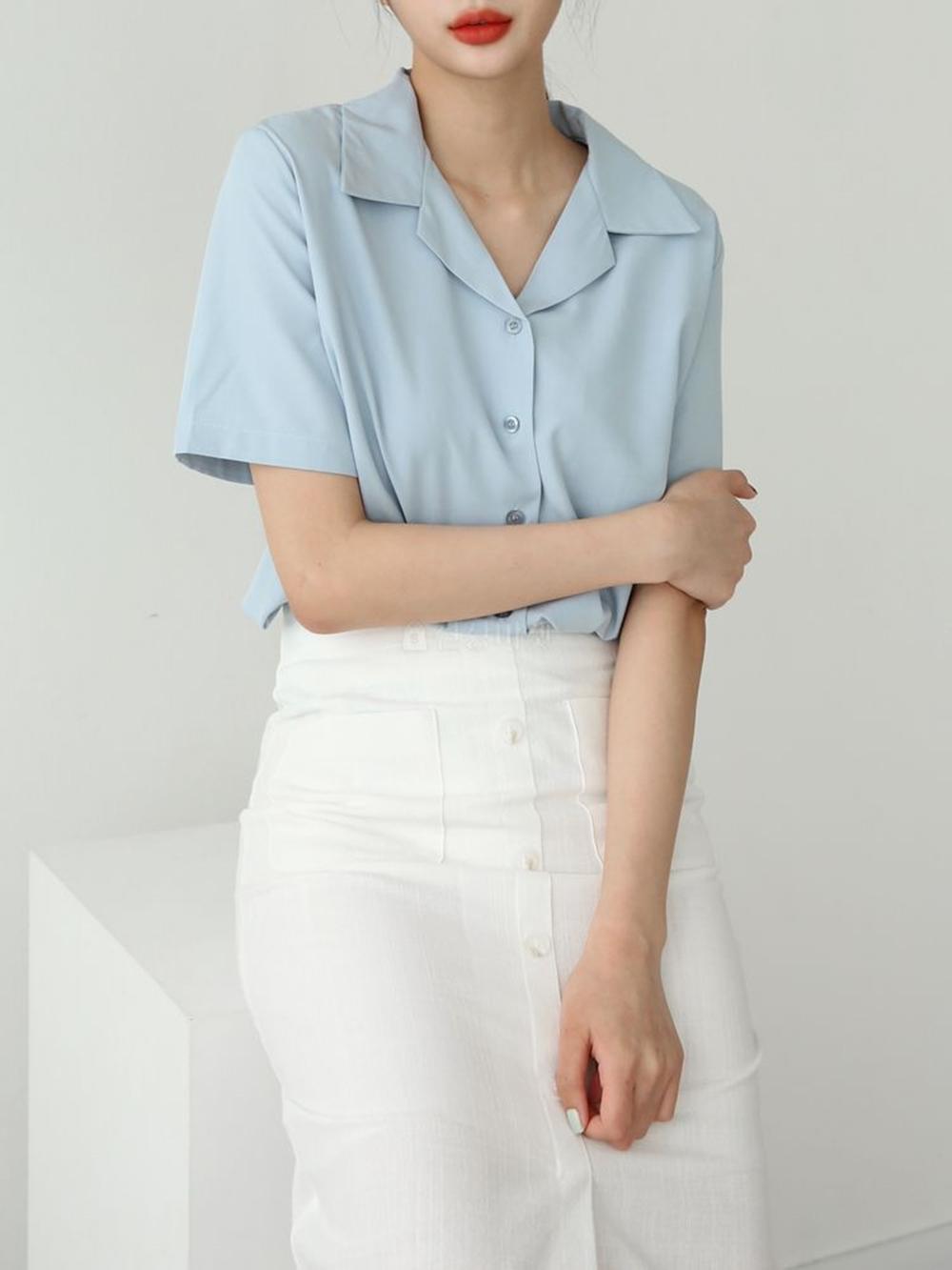 여름 여성 쉬폰 링클프리 셔츠 블라우스 오픈카라 정장 면접 반팔 블라우스 - 상세 이미지 3