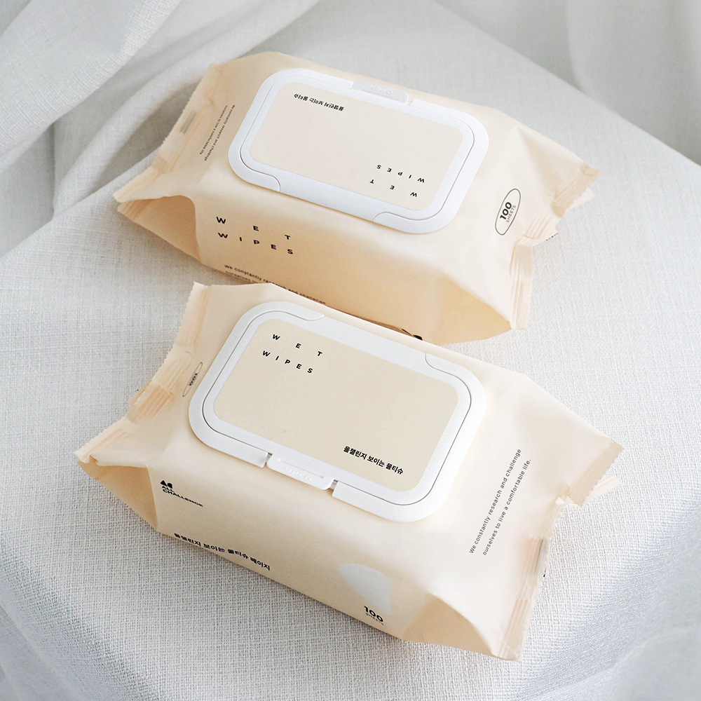 올챌린지 보이는 물티슈 베이지 100매 5팩+5팩 캡형 대용량 엠보싱 저자극