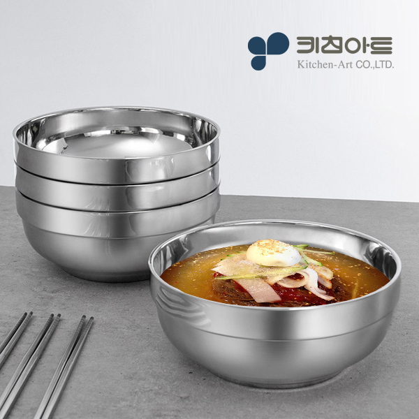 키친아트 스텐 냉면기 냉면그릇 이중면기 그릇 20cm 4p, 젓가락 4p - 상품 이미지