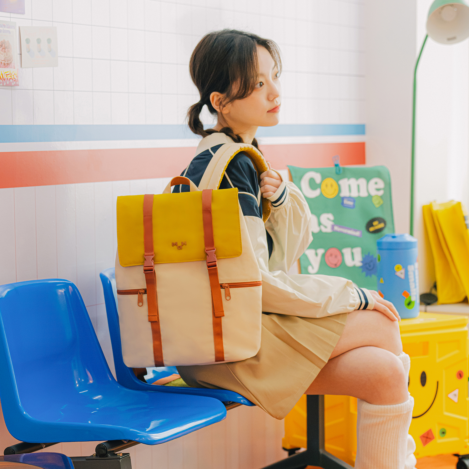 마흐 시로 백팩 남녀공용 노트북 수납 출근 등교 여행 가방 옐로우크림 - 상세 이미지 5