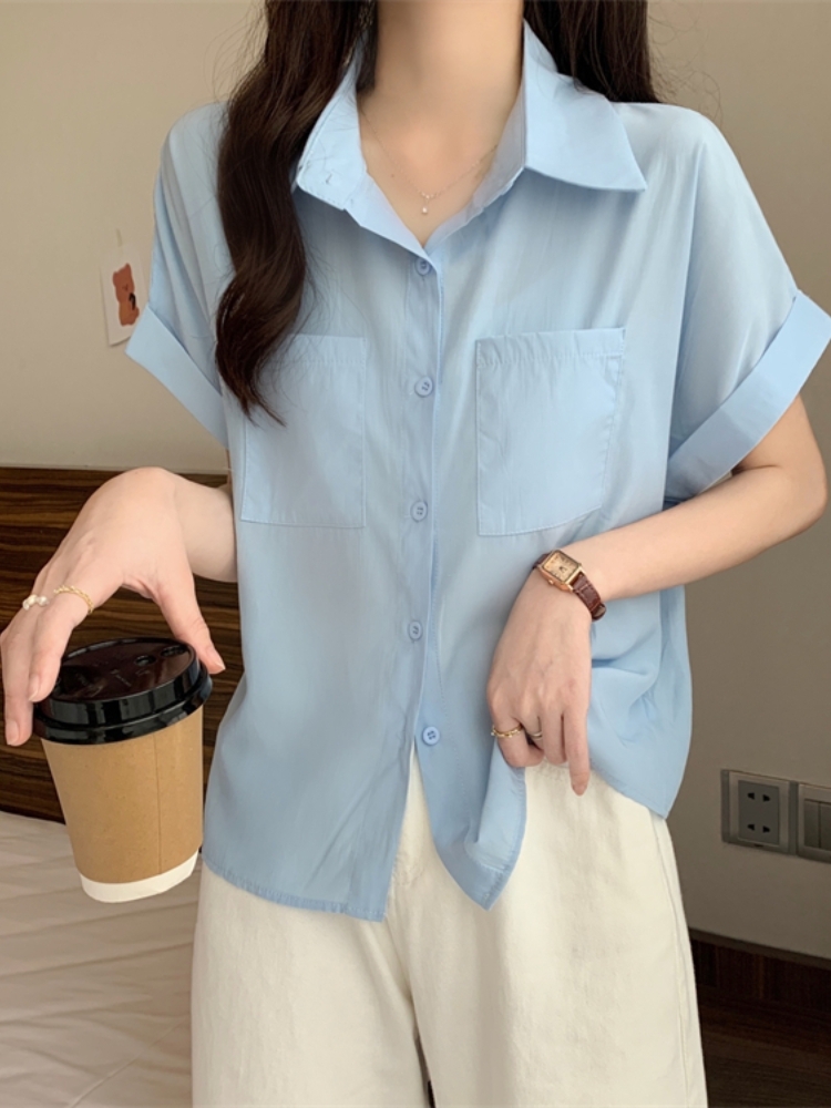 여자여자몰 시크 커리어우먼룩 가오리핏셔츠 여름 포켓롤업셔츠남방 화이트 이미지 4