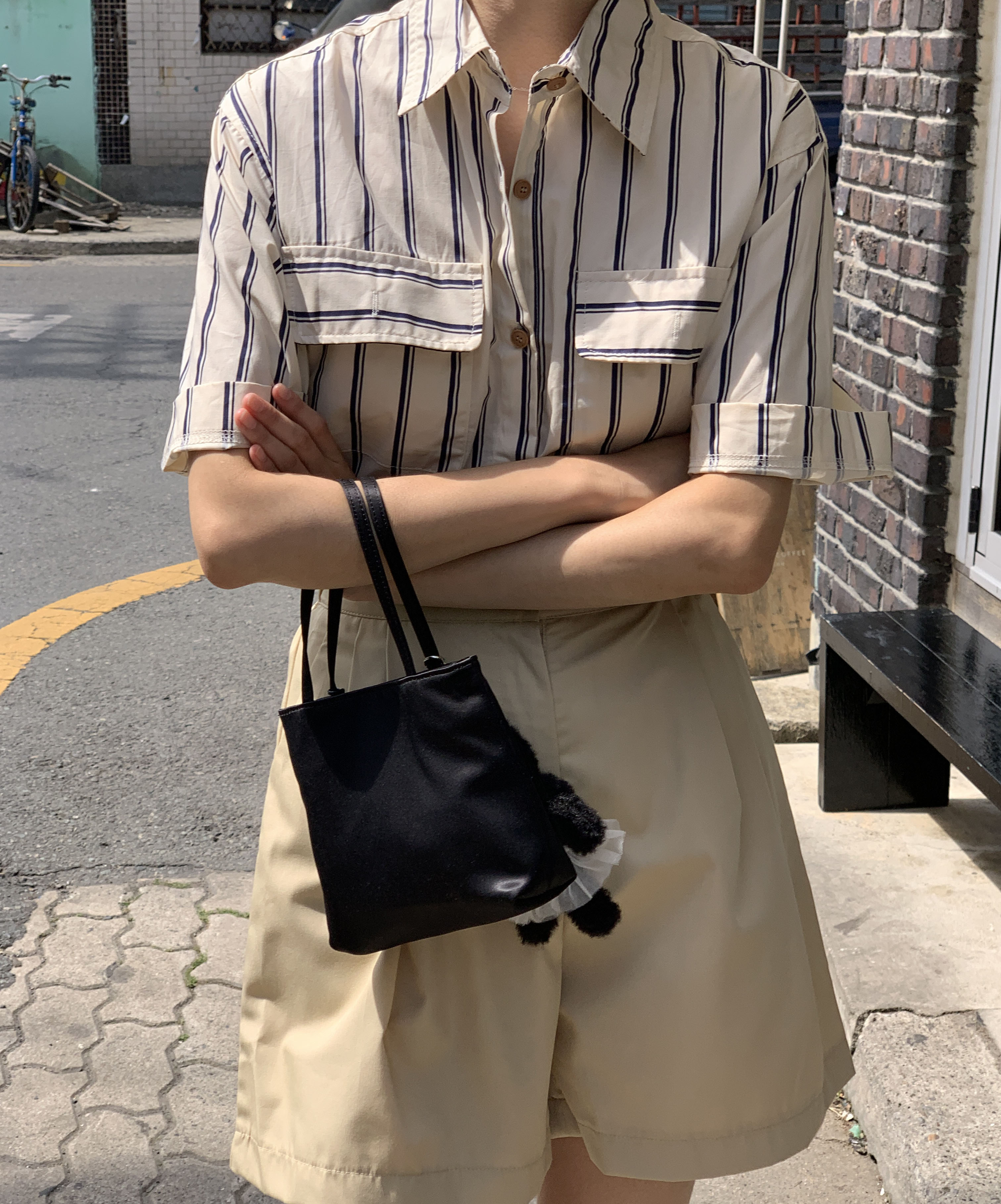 덤보 체스트 우드 버튼 하프 롤업 스트라이프 단가라 루즈핏 포켓 여름 코튼 남방 셔츠 이미지 8
