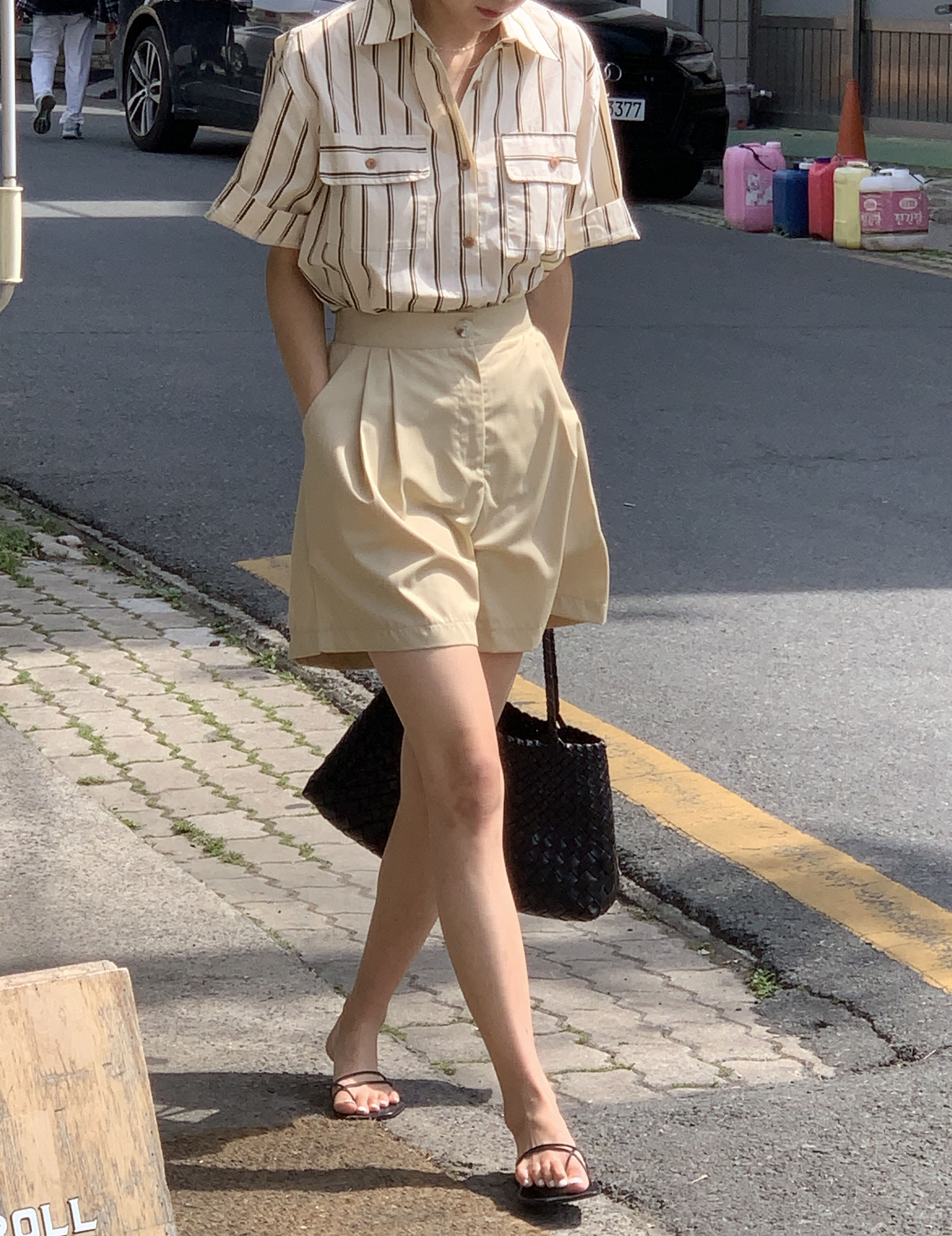 덤보 체스트 우드 버튼 하프 롤업 스트라이프 단가라 루즈핏 포켓 여름 코튼 남방 셔츠 이미지 6