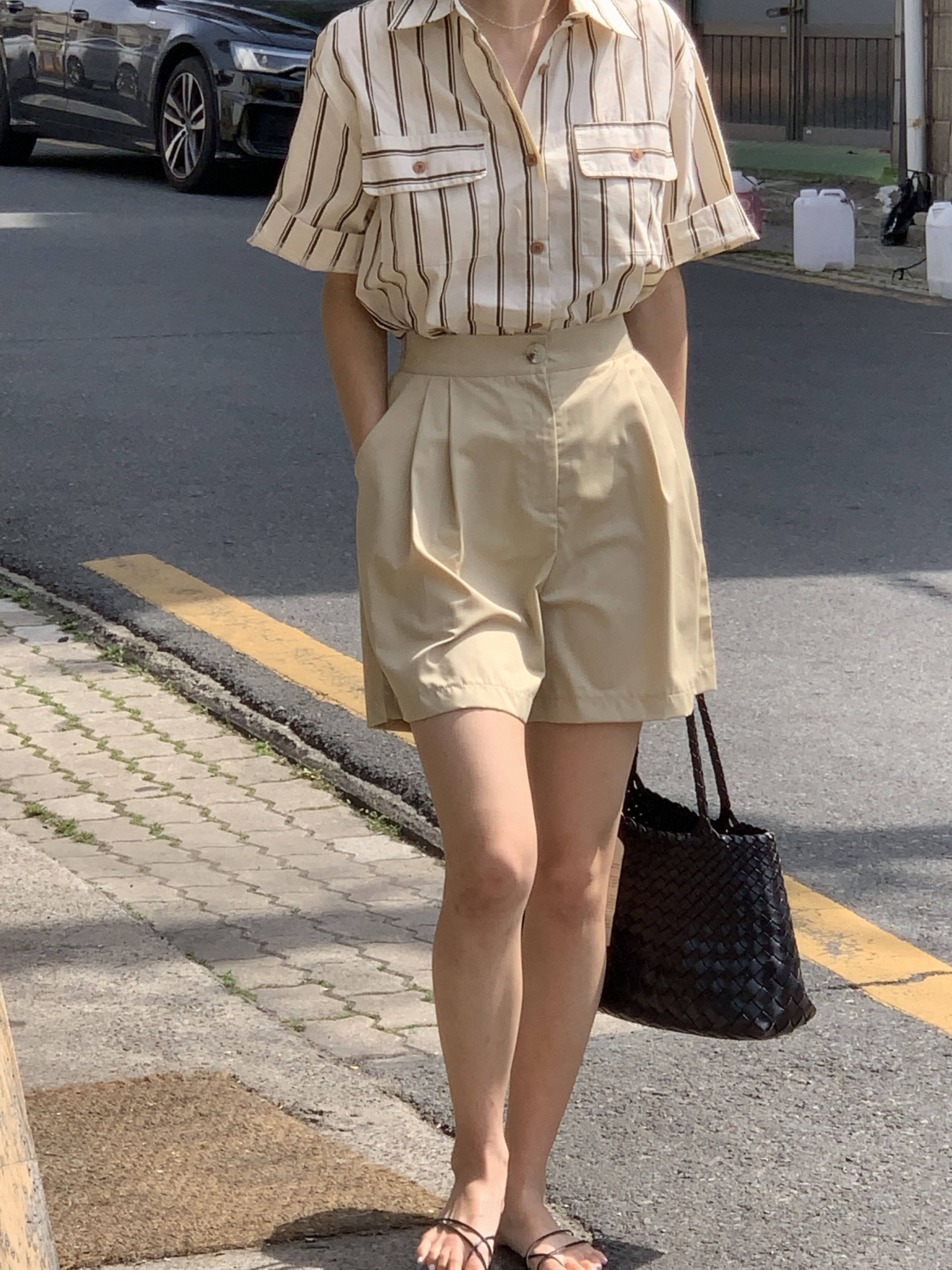 덤보 체스트 우드 버튼 하프 롤업 스트라이프 단가라 루즈핏 포켓 여름 코튼 남방 셔츠 - 상세 이미지 5