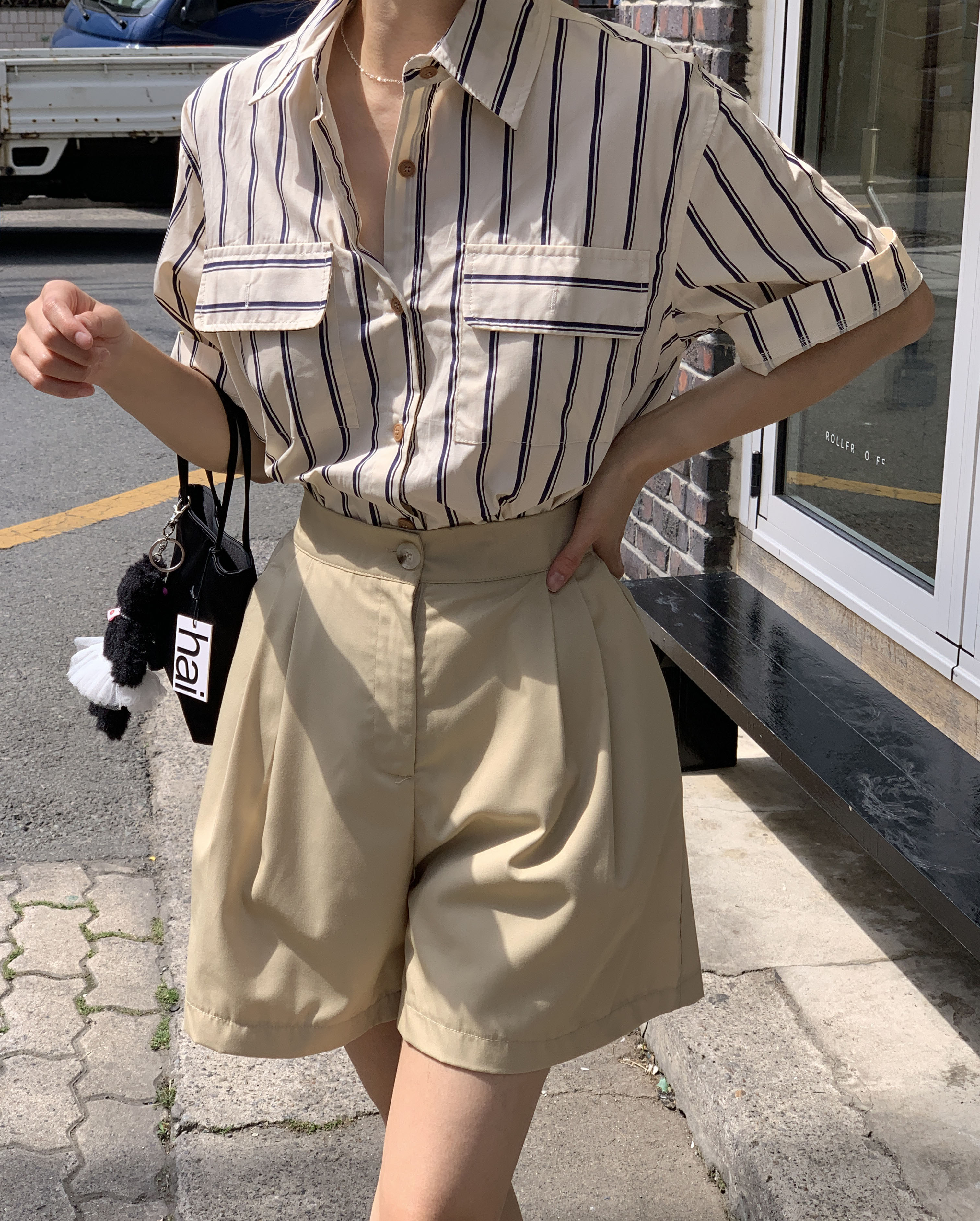 덤보 체스트 우드 버튼 하프 롤업 스트라이프 단가라 루즈핏 포켓 여름 코튼 남방 셔츠 이미지 7