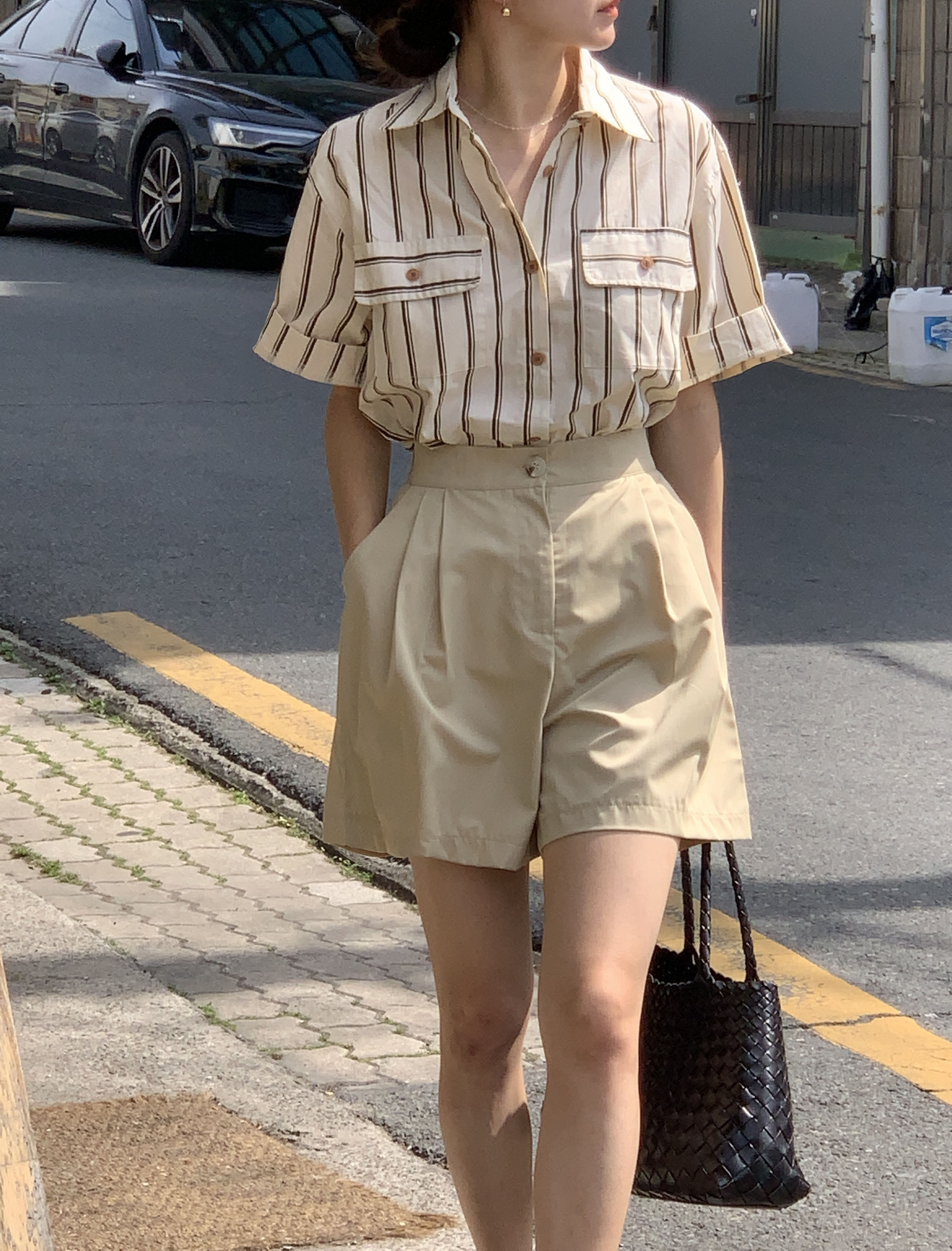 덤보 체스트 우드 버튼 하프 롤업 스트라이프 단가라 루즈핏 포켓 여름 코튼 남방 셔츠 - 상품 이미지