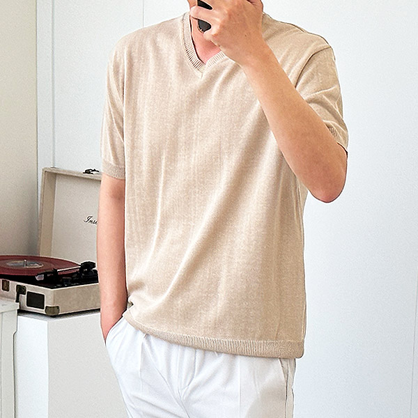 남자 린넨니트 브이넥 반팔티셔츠 빅사이즈