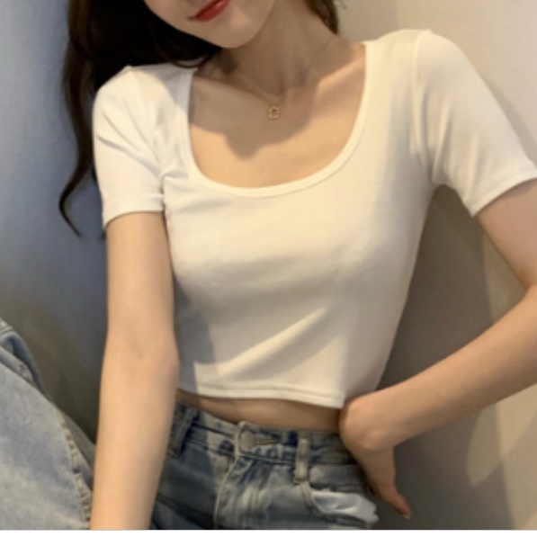 흰색크롭티 학생 여중생 하이틴티셔츠 라운드크롭탑 - 상품 이미지