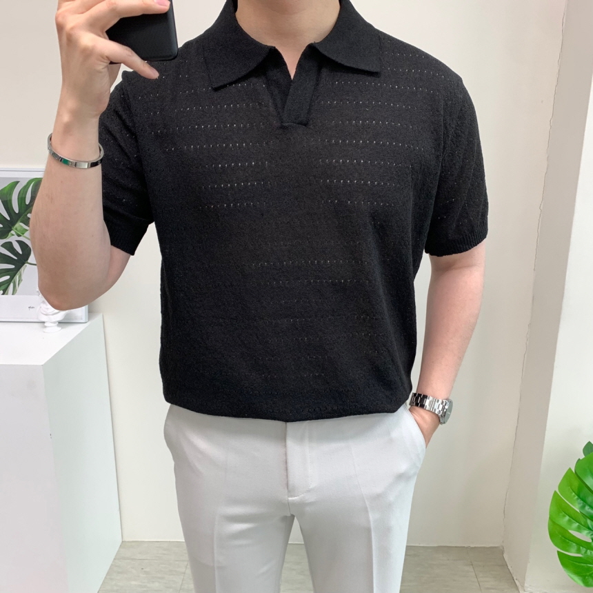 오픈카라 펀칭 여름 리넨 남자반팔니트 이미지 4