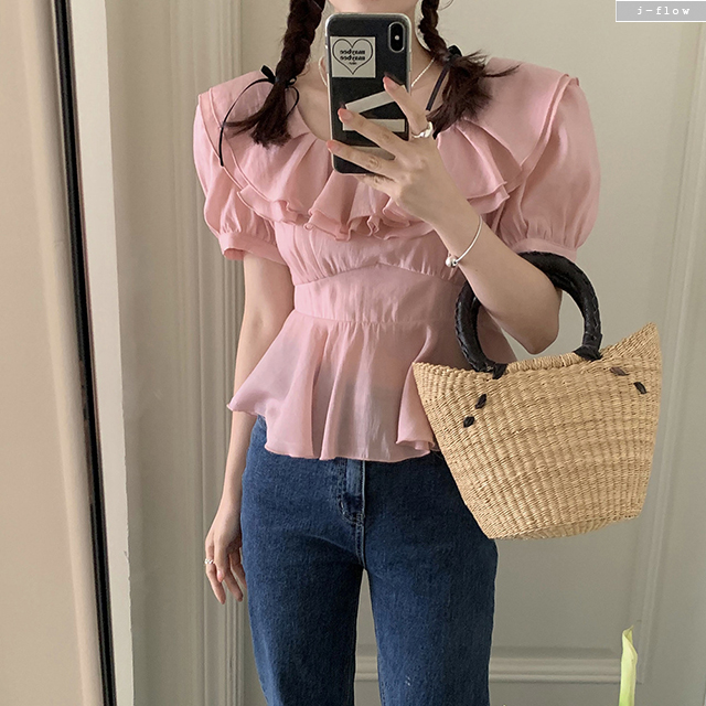 원럽 스퀘어넥 프릴카라 쉬폰 크롭 블라우스 3col 여름 슬림 퍼프 이중 밴딩 제이플로우 이미지 3