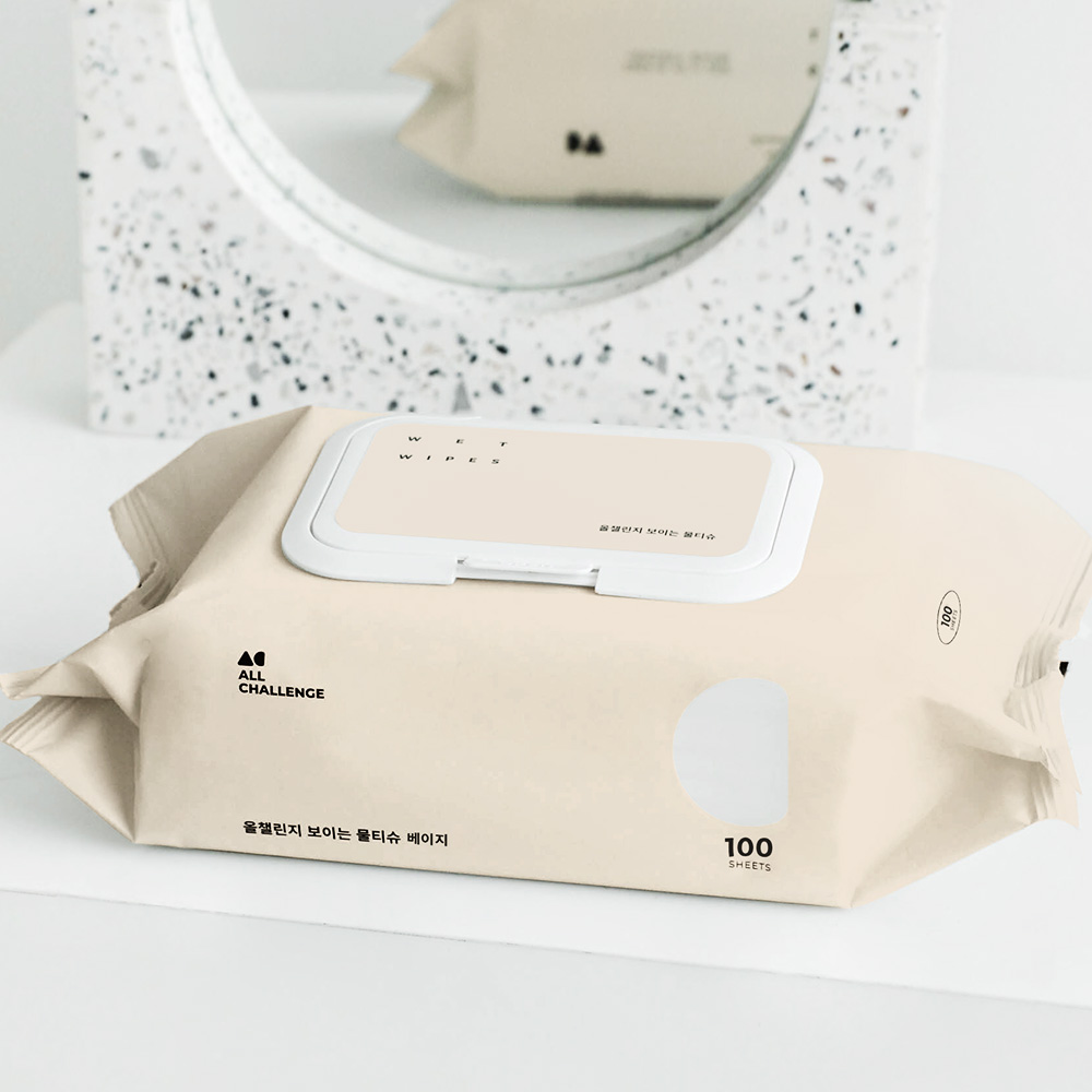올챌린지 보이는 물티슈 베이지 100매 5팩+5팩 캡형 대용량 엠보싱 아기 신생아 저자극