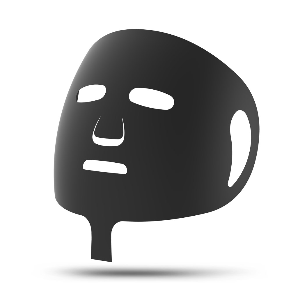 검은색 그래핀 마스크의 전면도로 눈, 코, 입 부분에 흰색 테두리가 있고 옆면에 손잡이가 있는 디자인