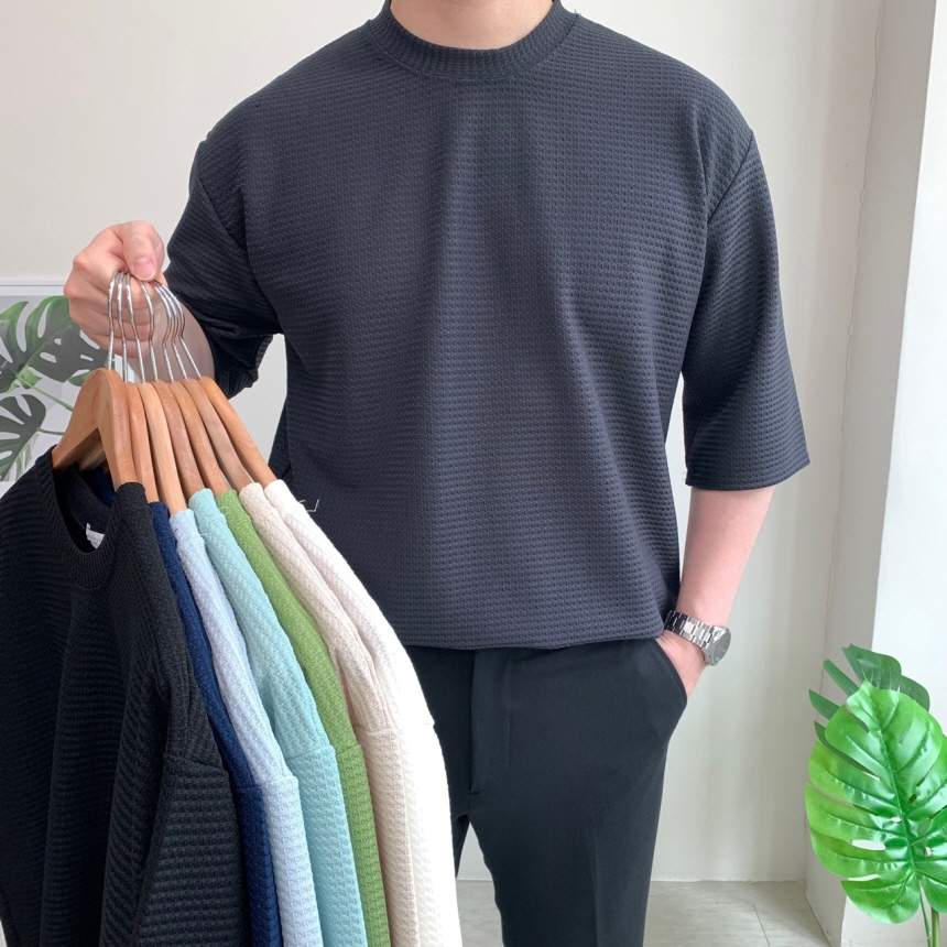 남자 빅사이즈 7부 티셔츠 와플 무지 여름 반팔