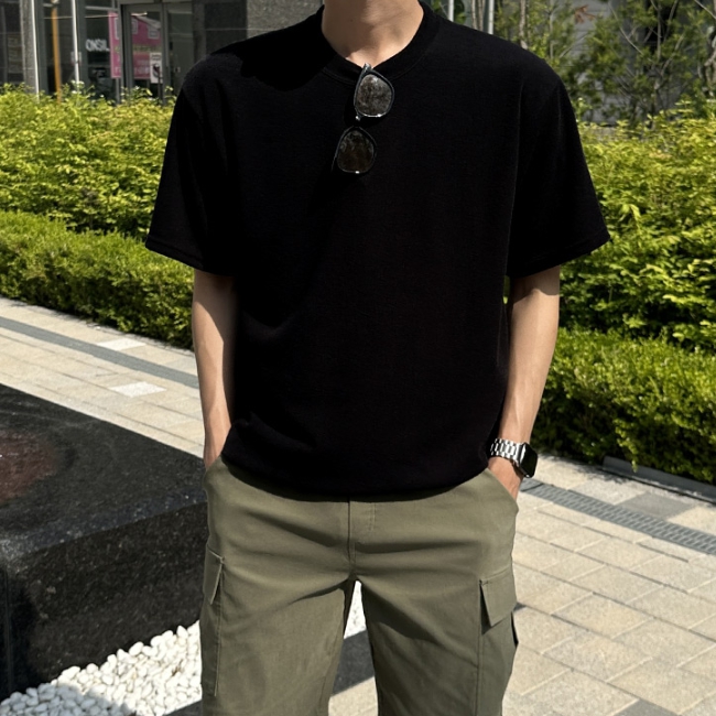 1+1 남자 캠프 여름 오버핏 얇은 아이스 쿨 반팔 니트 이미지 3