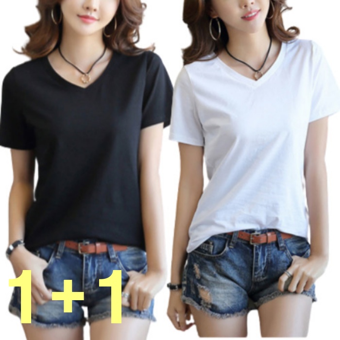 여성 V넥 반팔티셔츠 1+1 데일리 기본티 블랙 화이트 - 상세 이미지 3