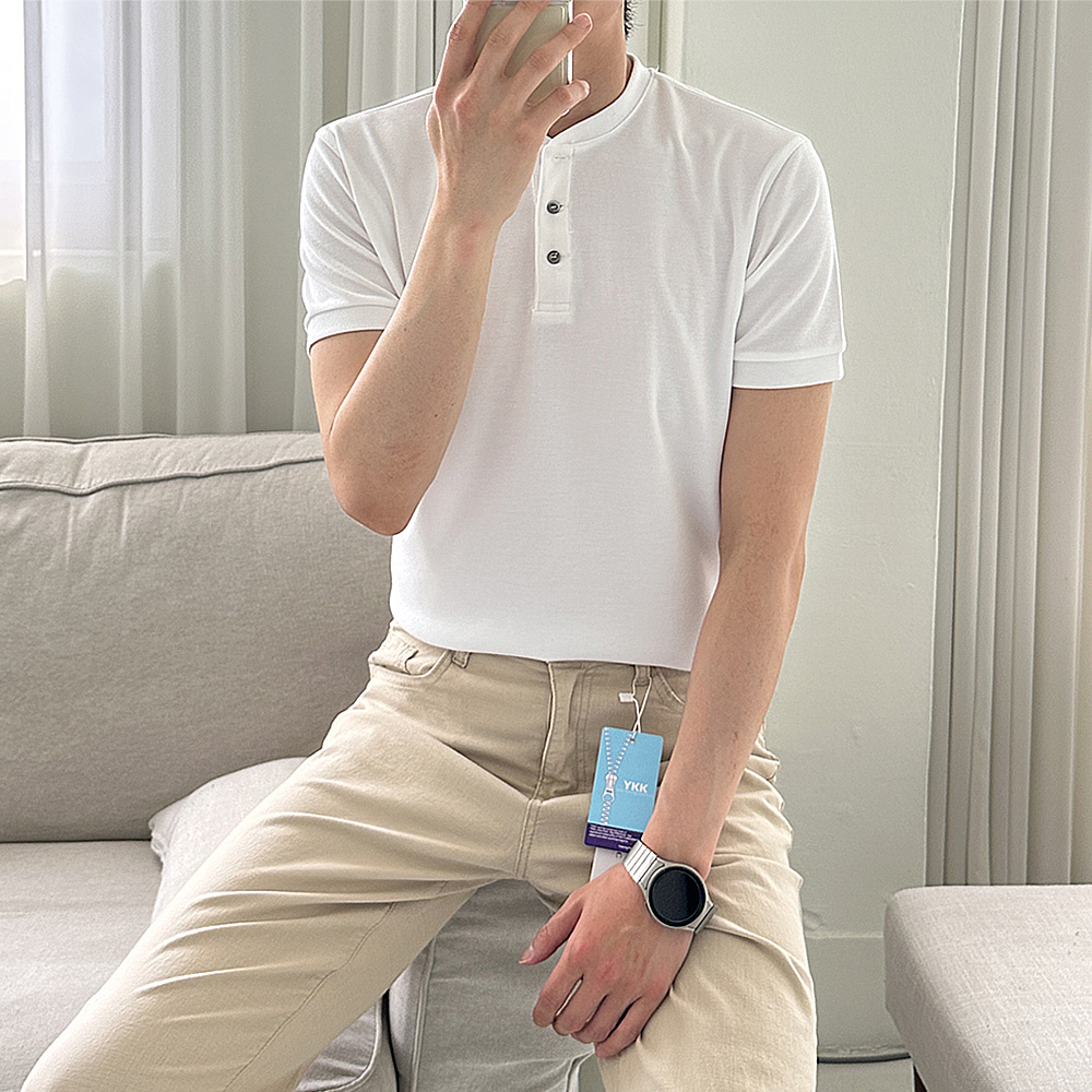 남자반팔티 정장 헨리넥 여름니트 머슬핏반팔 - 상세 이미지 3