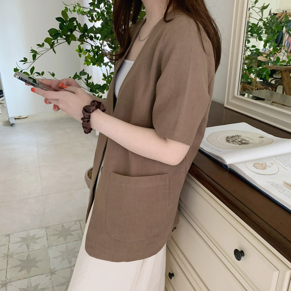 여성 린넨 자켓 노카라 마 봄 여름 자켓 오버핏 반팔 재킷 블랙 베이지 아이보리 브라운 이미지 4