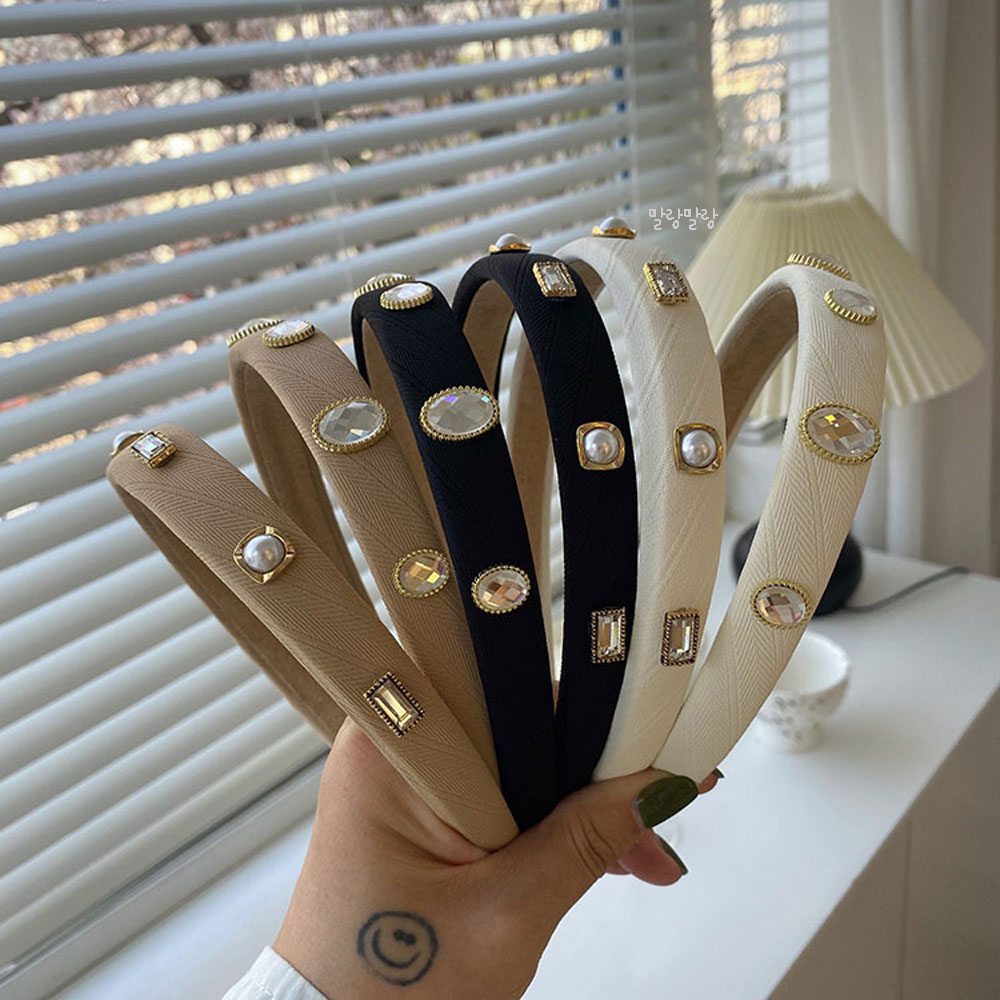 진주큐빅 머리띠 엔틱 보석 얇은 헤어밴드 포인트 악세사리 - 상품 이미지