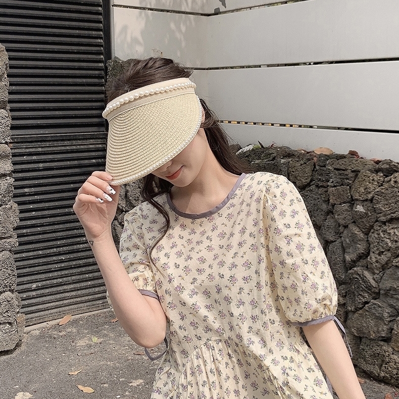 여성 썬캡 여름 진주 햇빛차단 자외선차단 밀짚 모자 - 상세 이미지 2